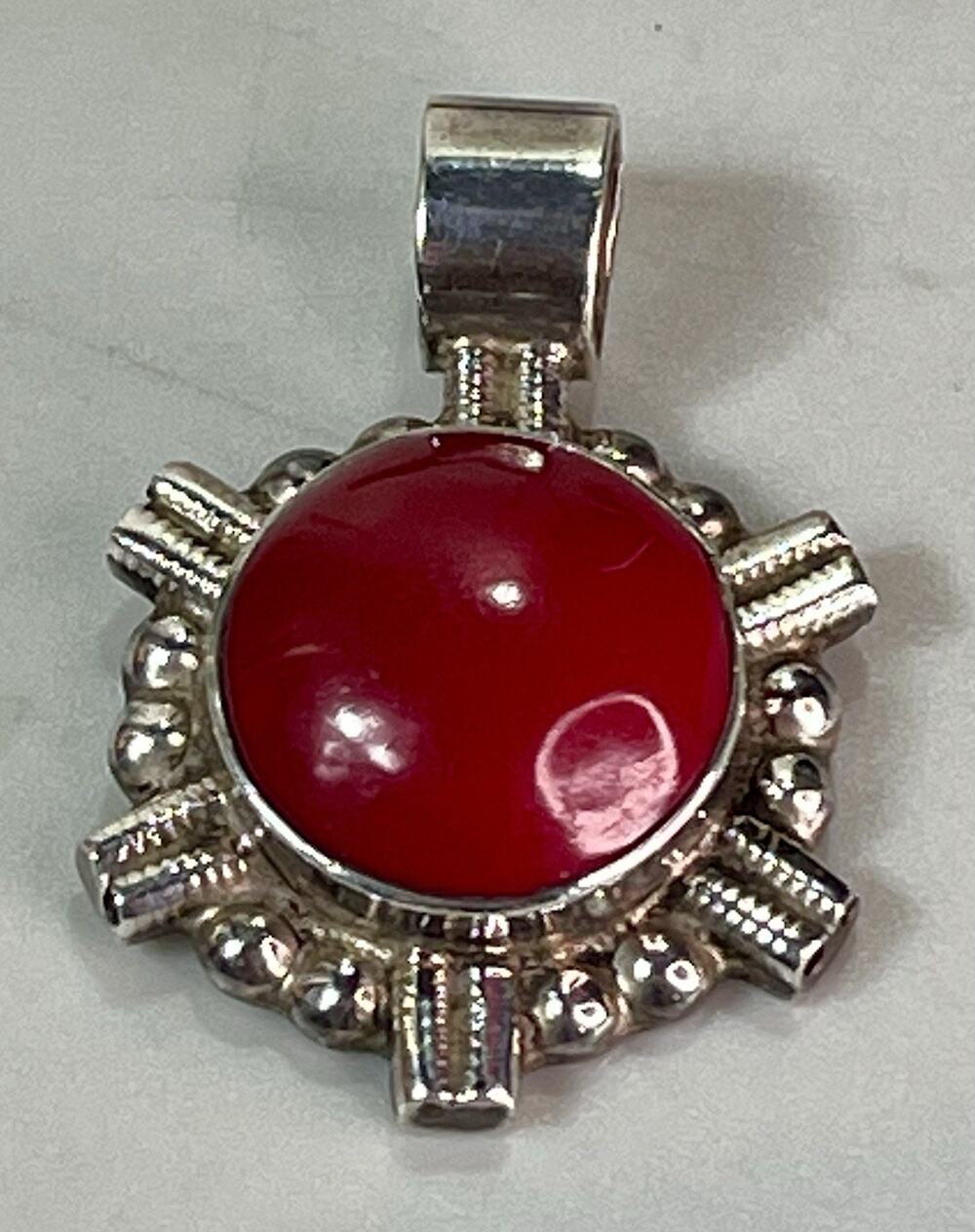 Vintage Mexican Sterling Silver 925 Red Coral Sunburst Handmade Pendant 14.9g